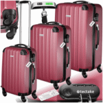 tectake Trolley Hartschalenkofferset mit Teleskopgriff und Sicherheits-Zahlenschloss, 4 Rollen, 360° drehbare, abnehmbare Rollen, weinrot