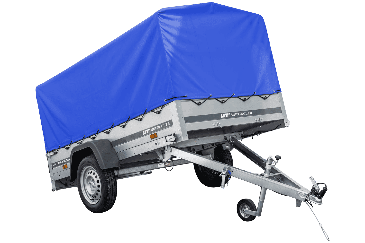 img_69cac10de7c4b.png Auto Anhänger 230×125 Garden Trailer 230 KIPP Unitrailer 750 kg mit Stützrad, blauer Hochplane und Hochspriegel-Neu – Bild 1