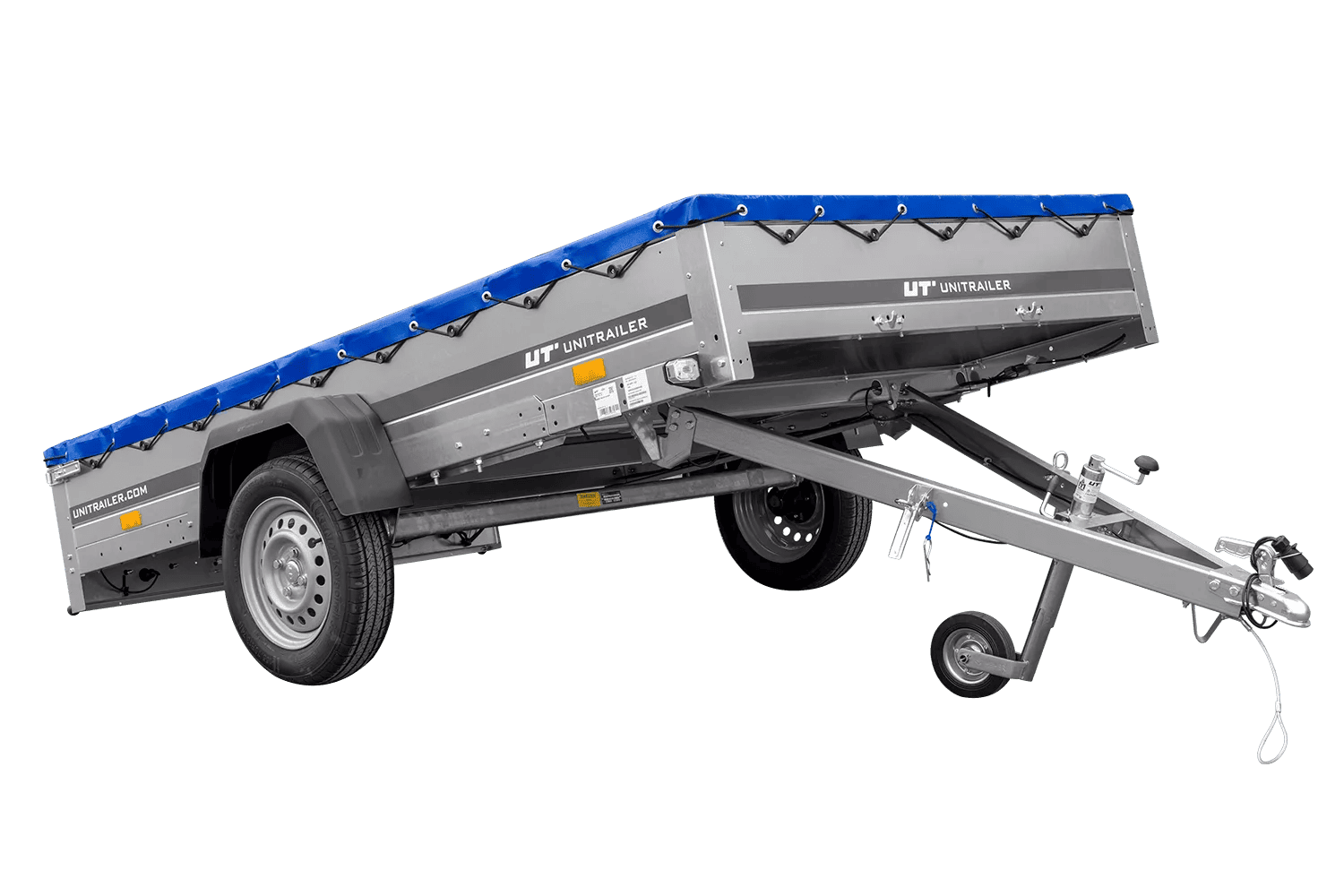 img_69cac1b1709b5.png Einachsanhänger 264×150 UNITRAILER GARDEN 265 KIPP mit einem Flachplanenträger und blauer Plane-Neu – Bild 1