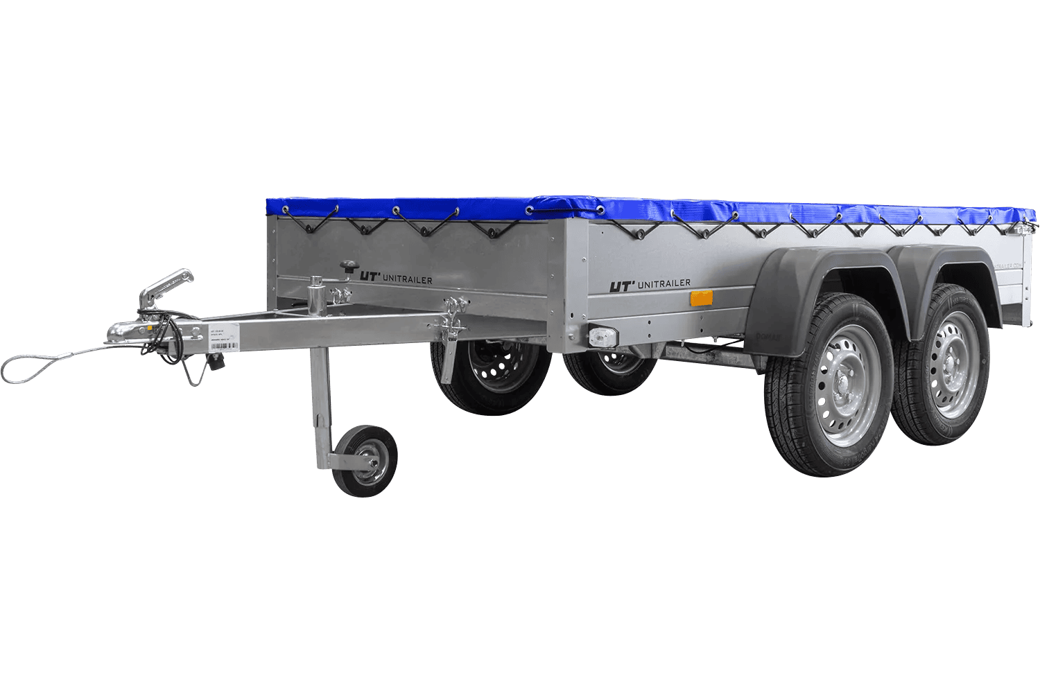 img_69cac4058af10.png Garden Trailer 264/2 Kipp Mit Stützrad, Planenträger Und Blauer Flachplane-Neu – Bild 1