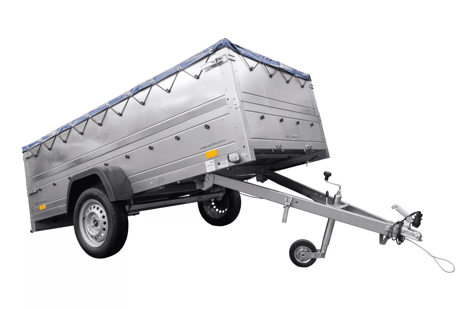 img_69cac4ea3df1a.png Großer Anhänger 750 kg Garden Trailer 264 KIPP mit Bordwandaufsatz , Stützrad und blauer Flachplane-Neu – Bild 1